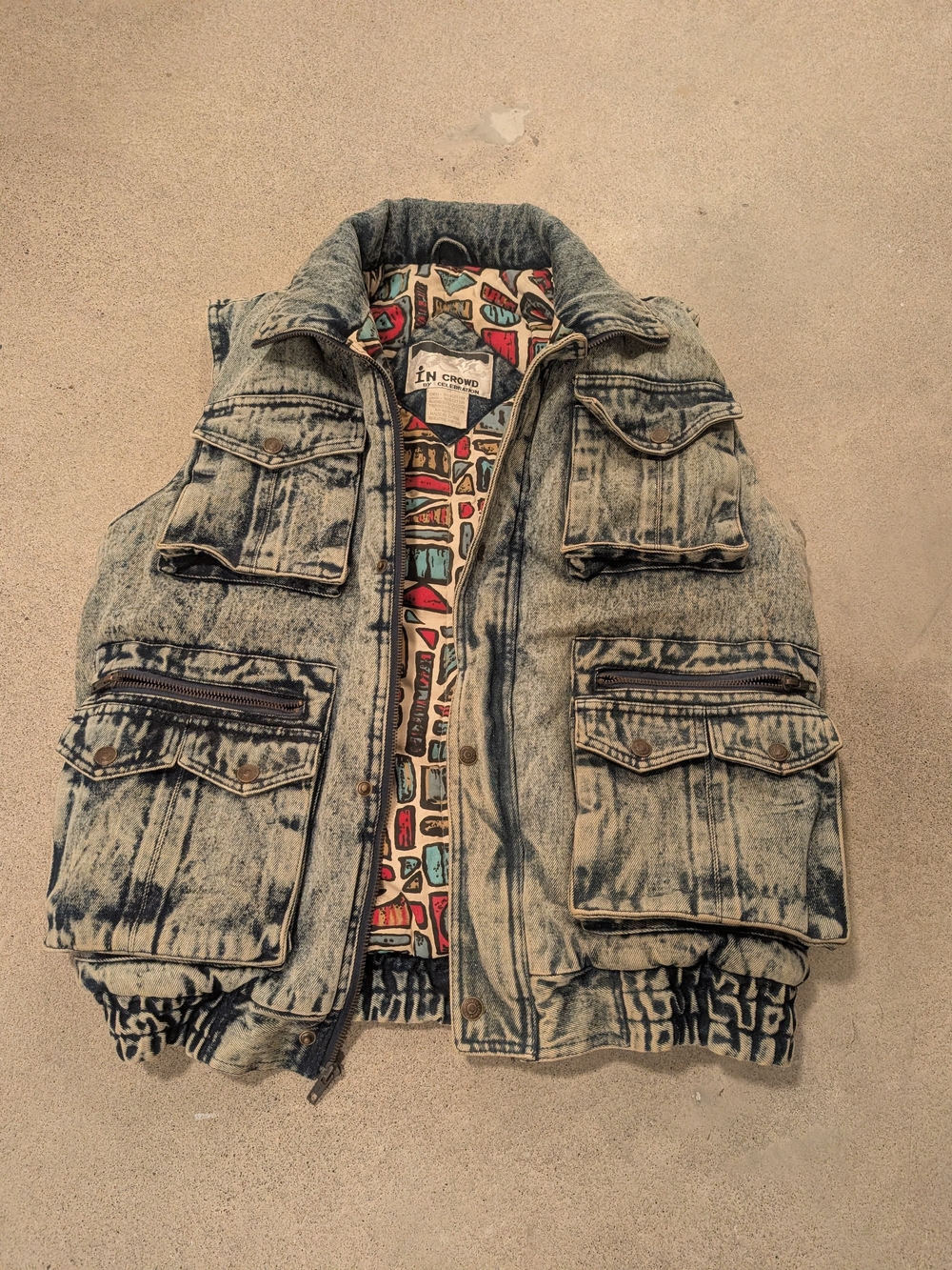 Vintage In Crowd Acid Wash Denim Utility Puffer Cargo Vest